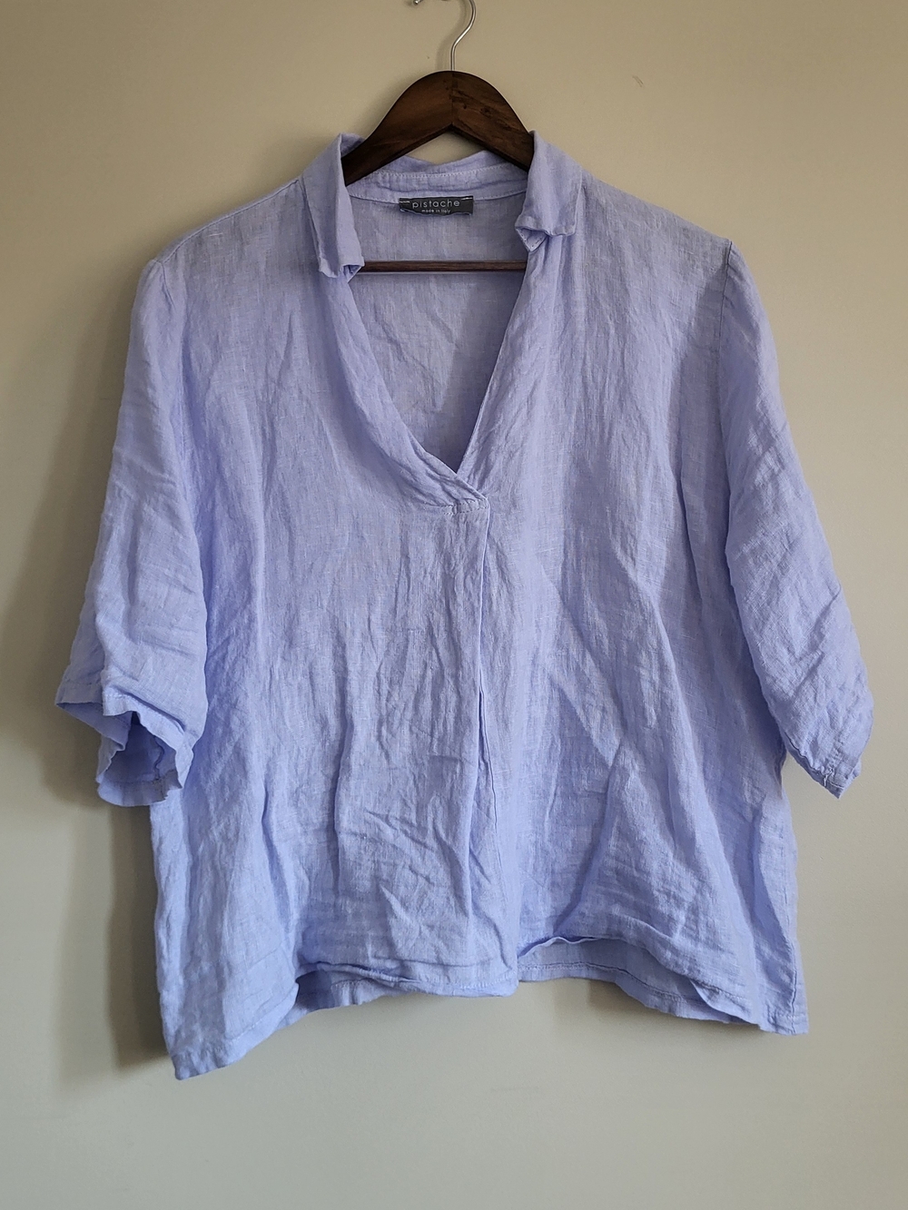 Pistache 100% Linen V-Neck Short Sleeve Polo Collar Tee In Sky Blue